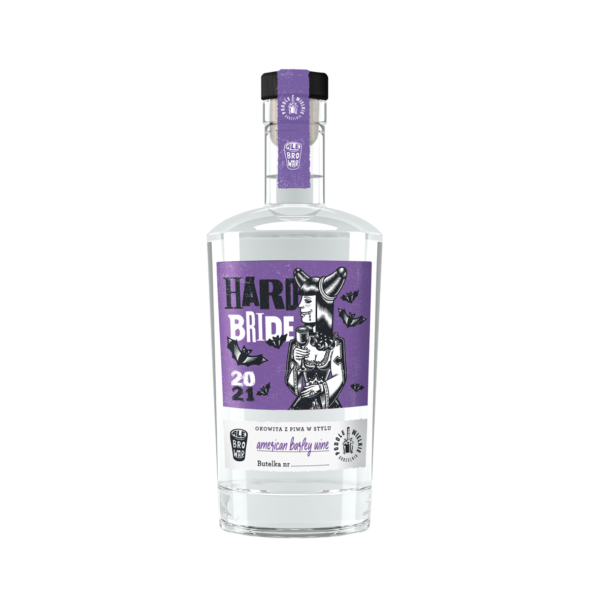 Zdjęcie przedstawia butelkę okowity Podole Wielkie z piwa Hard Bride browaru AleBrowar rocznik 2021
