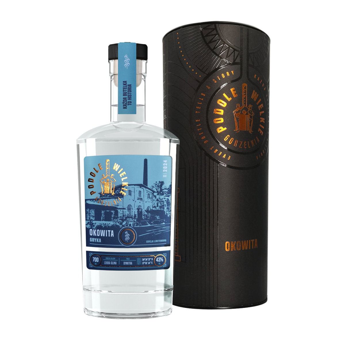Zdjęcie przedstawia Butelkę okowity Podole Wielkie Gryka Edycja Limitowana rocznik 2024 z ozdobną tubą prezentową